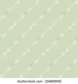 Seamless pattern with romantic arrows and hearts on green background