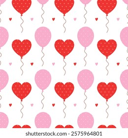 Seamless pattern with romantic balloons on white background. Pink and red heart shape balloons for Valentines day, birthday, anniversary. Vector flat illustration for wallpaper, textile, packaging