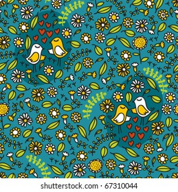 Seamless pattern with romantic birds, hearts and floral elements on blue..