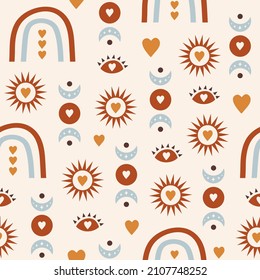 Seamless Pattern Of Romantic Bohemian Elements For Valentine's Day Isolated On A Light Background. Modern Vector Illustration For Decoration