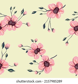 Seamless pattern with a romantic botanical composition, pink flowers, small leaves, twigs on a light background. Delicate floral print with painting plants. Vector illustration.