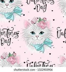 Seamless pattern with romantic cat and lettering. Vector illustration.