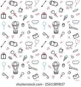 Seamless pattern with romantic and celebratory elements, including hearts, balloons, hot air balloons, cupid's arrow, lock, key, lips, coffee cup, engagement ring, ice cream, candies, and gift box