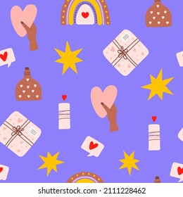 Seamless pattern of romantic colorful elements for Valentine's Day isolated on a blue background. Modern hand drawn vector illustration	