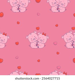 Seamless pattern with romantic couple in love hugging piglets on pink background with hearts. Cute funny festive animal character valentine. Vector illustration.