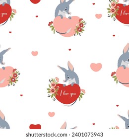 Patrón romántico sin foco. Hervidad animal australiana con el corazón y flores sobre fondo blanco. Ilustración vectorial para el diseño, papel de pared, embalaje, textil.