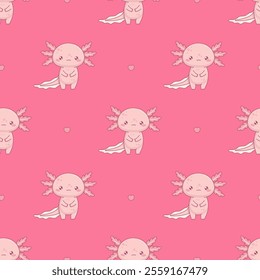 Seamless pattern Romantic cute Axolotl on pink background with heart. Funny Little cartoon kawaii character. Vector illustration