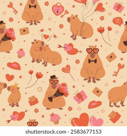 Seamless Pattern With Romantic Cute Capybaras. Flat Design for Valentine's Day. Perfect for greeting cards, prints, textiles, gift wrapping. Vector