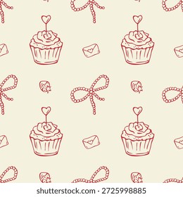 Seamless pattern with romantic doodle drawings in line art. Valentine s Day outline illustration