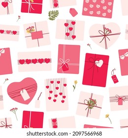 Seamless pattern of romantic eco-friendly packaging gifts for Valentine's day. Wrapping present boxes with kraft paper, hearts, flowers, jute. Hand drawn vector illustration