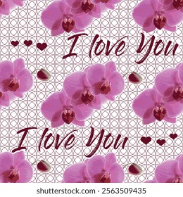 Seamless pattern with romantic and elegant designs for Valentine's Day, birthdays and anniversaries. Subtle intertwining geometric patterns on the background, lace effect. Beautiful pink orchids
