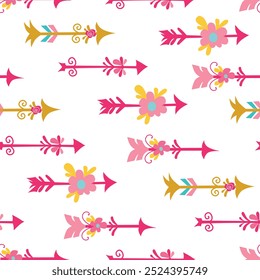 Seamless pattern with romantic elements. Arrows, flowers and hearts. Wrapping paper