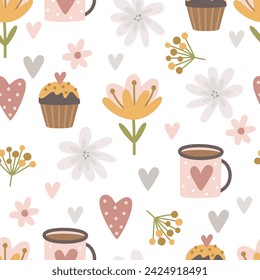 Seamless pattern with romantic elements, coffee flowers and sweets. Vector illustration