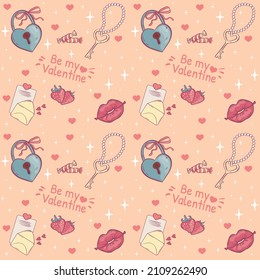 Seamless pattern with romantic elements for Valentine’s Day, letter, lock, key, pearl, sweets, chocolate, strawberries, lips, vector background, eps10