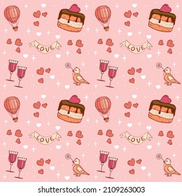 Seamless pattern with romantic elements for Valentine’s Day, balloon, wineglass, chocolate cake, bird, vector background, eps10