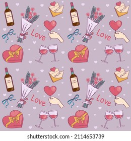 Seamless pattern with romantic elements for Valentine’s Day, sweets, ribbons, flowers, chocolate, glass, wine, hearts, gift, vector background, eps10