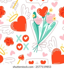 Seamless pattern with romantic elements, hearts, symbols of love, flowers. Flat vector Valentine's Day illustrations. Perfect for fabric, scrapbooking, banner, card, wrapping paper, textile, wallpaper