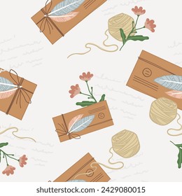 A seamless pattern with romantic envelopes, wax seals, and feather quills, crafted on a subtle beige canvas, vector illustrated for an epistolary theme