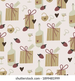 Seamless pattern for a romantic evening. Gifts, strawberry, glass and bottle, doodle style lock with key. Vector image suitable for wrapping paper, fabrics, postcards.