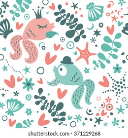 Seamless pattern with romantic fish.