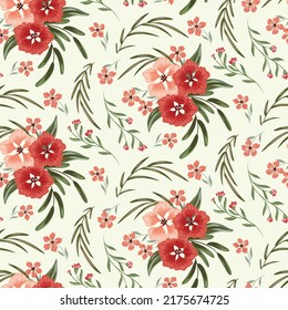Seamless pattern with romantic floral bouquets of tropical flowers and leaves. Wedding floral print, beautiful botanical background with hand drawn rustic plants. Vector.