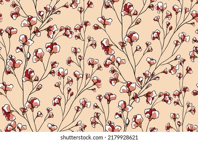 Seamless pattern, romantic floral print with graceful flowering branches. Delicate botanical background, feminine surface design with small pink flowers on thin twigs. Vector illustration.