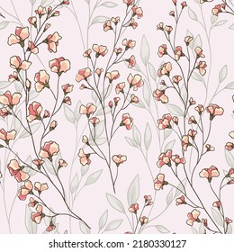 Seamless pattern, romantic floral print with blooming branches. Gentle botanical background design with hand drawn plants, small pink flowers, leaves on thin twigs. Vector.