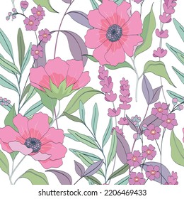 Seamless pattern, romantic floral print with hand drawn wild plants in gentle pastel colors. Botanical background design with large line art pink flowers, herbs, leaves. Vector illustration.