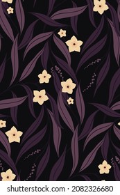 Seamless Pattern With Romantic Flower Arrangement In Dark Colors. Branch Print Design With Small Flowers And Lots Of Dark Purple Leaves. Trendy Botanical Background. Vector.