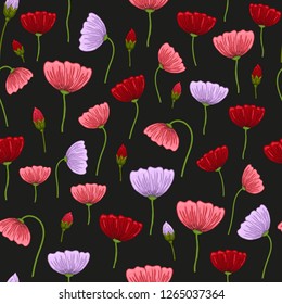 Seamless pattern with romantic flowers elements. Endless texture for spring design on black background