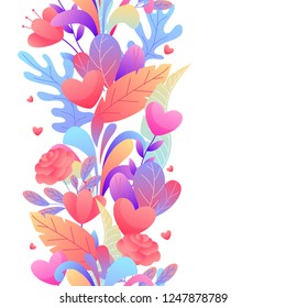 Seamless pattern with romantic flowers. Valentine Day background. Beautiful decorative plants and hearts.