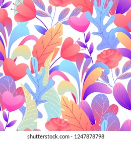 Seamless pattern with romantic flowers. Valentine Day background. Beautiful decorative plants and hearts.