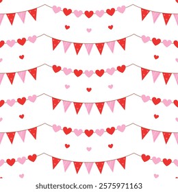 Seamless pattern with romantic garlands on white background. Pink and red triangle and heart shape flags for Valentines day, birthday. Vector flat illustration for wallpaper, textile, packaging 