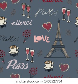 Seamless pattern, romantic, hand drawn, Paris, Eiffel Tower, hearts, wallpaper, design for textiles, dark background, vector illustration