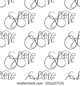 Seamless pattern with romantic hand written calligraphic inscription love. Love quote for background for wedding cards, valentines day. Vector. Design element fo posters, cards.