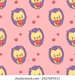 Seamless pattern with romantic hedgehog character in love with heart on pink background. Vector illustration with funny cartoon kawaii animals 