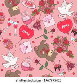 Seamless pattern with romantic items. Vector graphics.