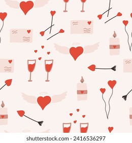 Seamless pattern with romantic letters and decoration hearts. Hand drawn illustration with angel wings and halo. Valentine's Day background