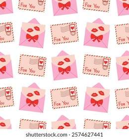 Seamless pattern with romantic letters with kisses and envelopes with stamp with heart on white background. Love mail. Valentines day print. Vector flat illustration for wallpaper, textile, packaging