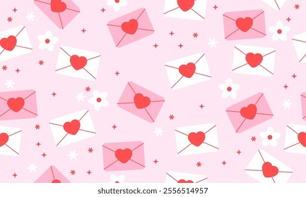 Seamless pattern with Romantic love letter for Valentine's day. Envelope, heart, flower. 8 March, Mother's day, Valentine's Day background