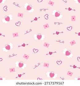 Patrón sin fisuras con carta de amor romántico para el día de San Valentín. Sobre, corazón, flor. 8 de marzo, día de la madre, fondo de San Valentín. Patrón de Vector festivo con símbolos románticos para estampados, tela y papel de regalo. 