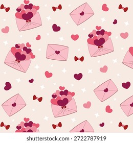Padrão contínuo com carta de amor romântico e corações