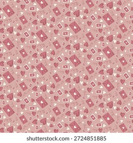 Padrão perfeito com cartas de amor românticas, corações e espirais de rabiscar no fundo rosa. Desenhado à mão ilustração do Dia dos Namorados para papel de embrulho