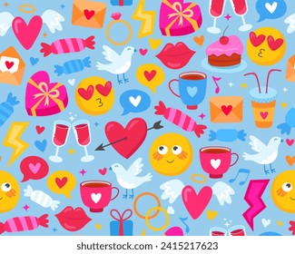 Seamless pattern with romantic love pictures. Wrapping paper, design for Valentine's Day. Hearts, smiles, candies, rings, birds. Cartoon cute colorful illustrations. Blue background. 