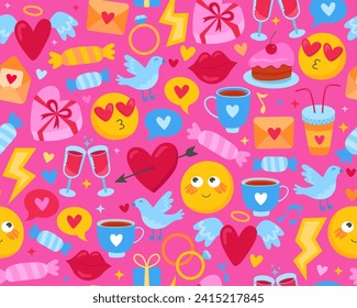 Seamless pattern with romantic love pictures. Wrapping paper, design for Valentine's Day. Hearts, smiles, candies, rings, birds. Cartoon cute colorful illustrations. Pink background. 