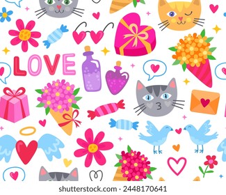 Seamless pattern with romantic love pictures. Cats, birds, arrows, bouquets, flowers, giftbox, candies, glasses, rings, potions, envelopes. Wrapping paper, design for Valentine's Day. 