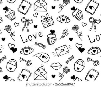 Seamless pattern with romantic love themed doodles. Hand-drawn black and white vector icons: hearts, cupcakes, roses, gifts, envelopes. Great for Valentine’s cards, textiles, wrapping paper.

