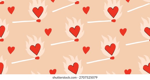 Patrón sin fisuras con fósforos románticos para el día de San Valentín, fondo beige. Perfecto partido, corazón, llama. 8 de marzo, Día de la Madre, Fondo del Día de San Valentín. Textil, papel de embalaje, tela.