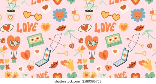 seamless pattern with romantic objects in doodle style. Element for decoration design mail posts postcards poster print invitation background backdrop wrapping wallpaper banner textile