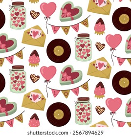 Seamless pattern with romantic objects for Valentine's Day. Backdrop with cute glass jar, garland, greeting card, cute hearts, record, balloon and gift box	